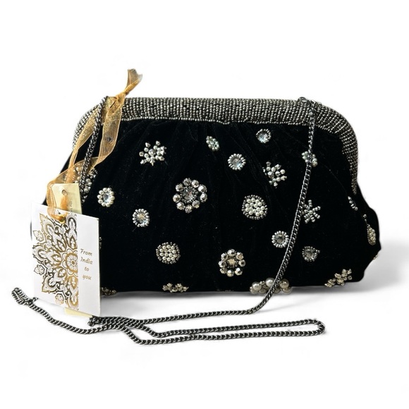 made in india Handbags - Clutch in Black Velvet with Silver,Gem and Pearl Hand Beaded Details. NWT